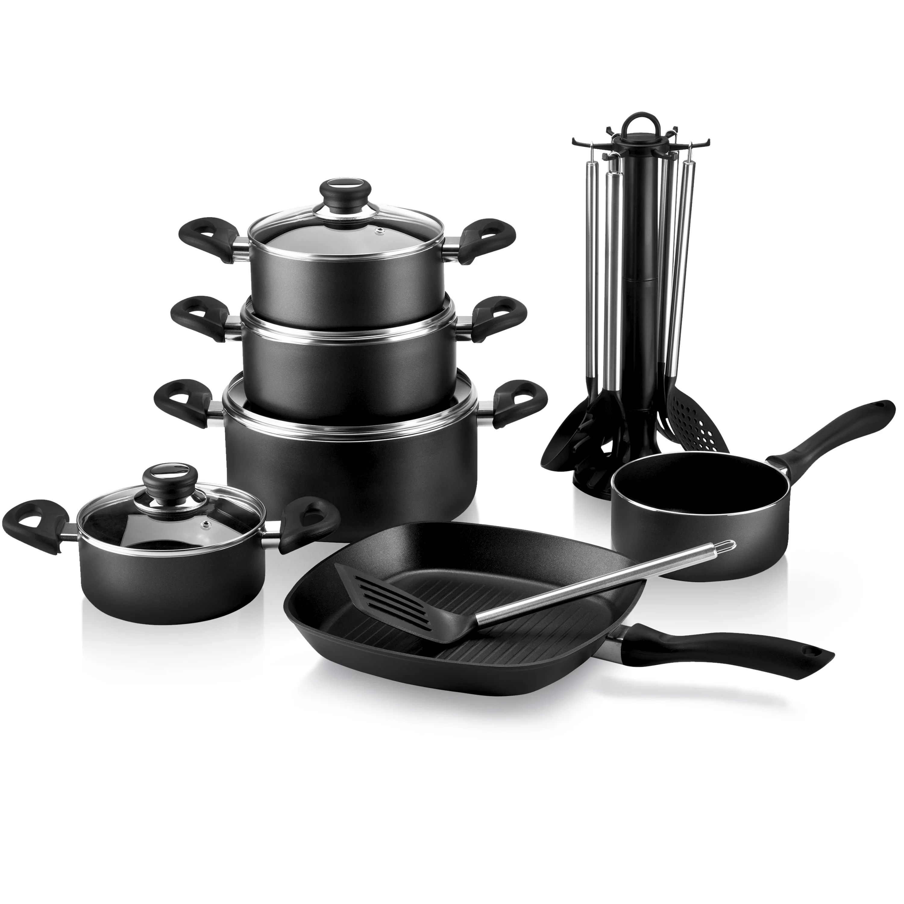 Aluguss Kochtopf Set, 17-teilig, schwarz