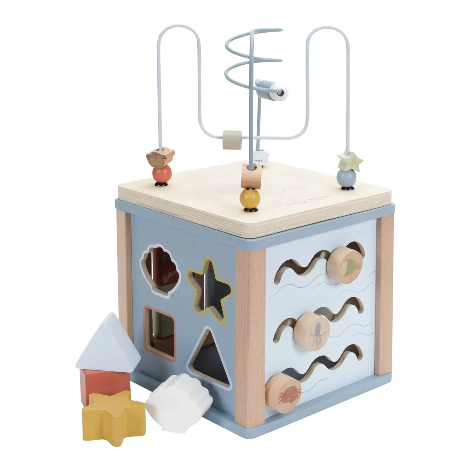 "Little Dutch Aktivitätswürfel Ocean: Motorikwürfel aus Holz mit Formensortierer, Puzzle & Perlenspirale image"