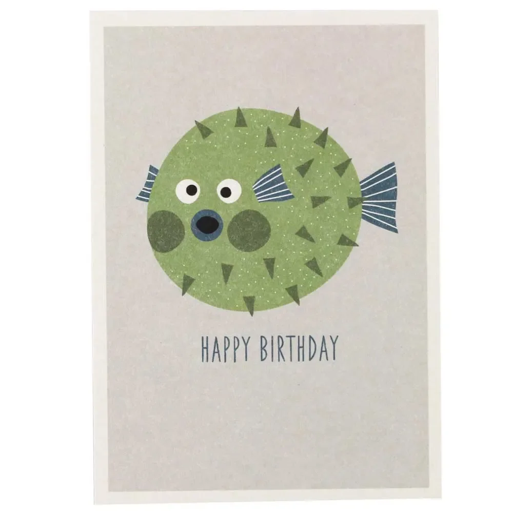 "Ava & Yves Postkarte Geburtstag Kugelfisch grün image"