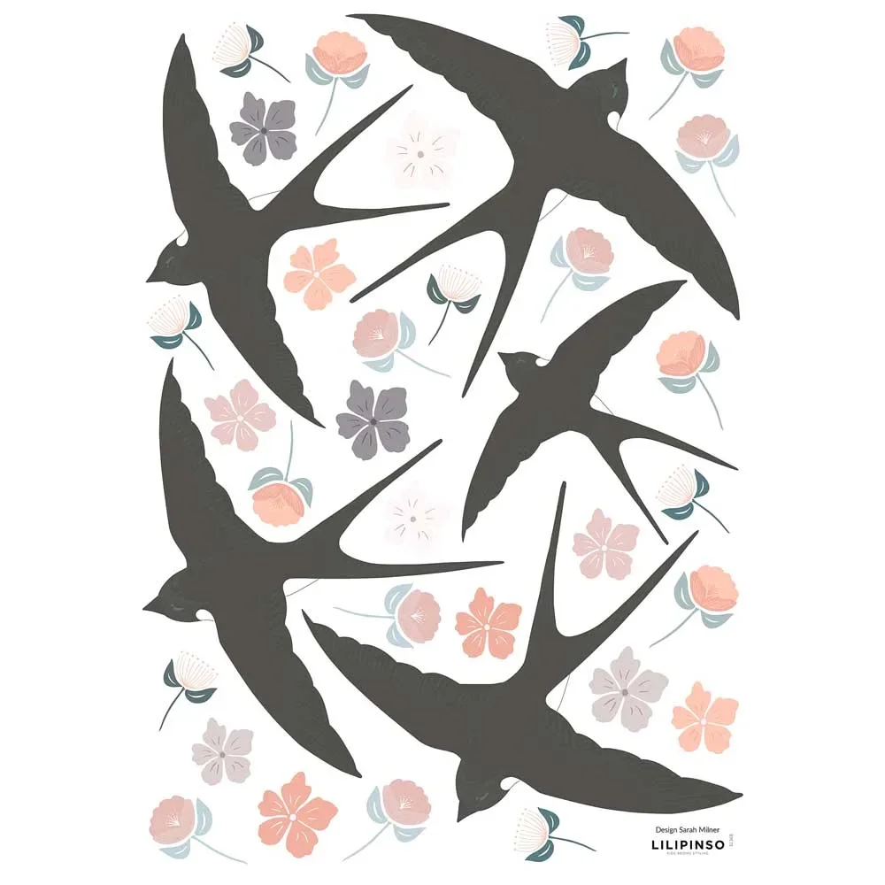 "Lilipinso Wandsticker A3 Schwalben und Blüten schwarz rosa image"