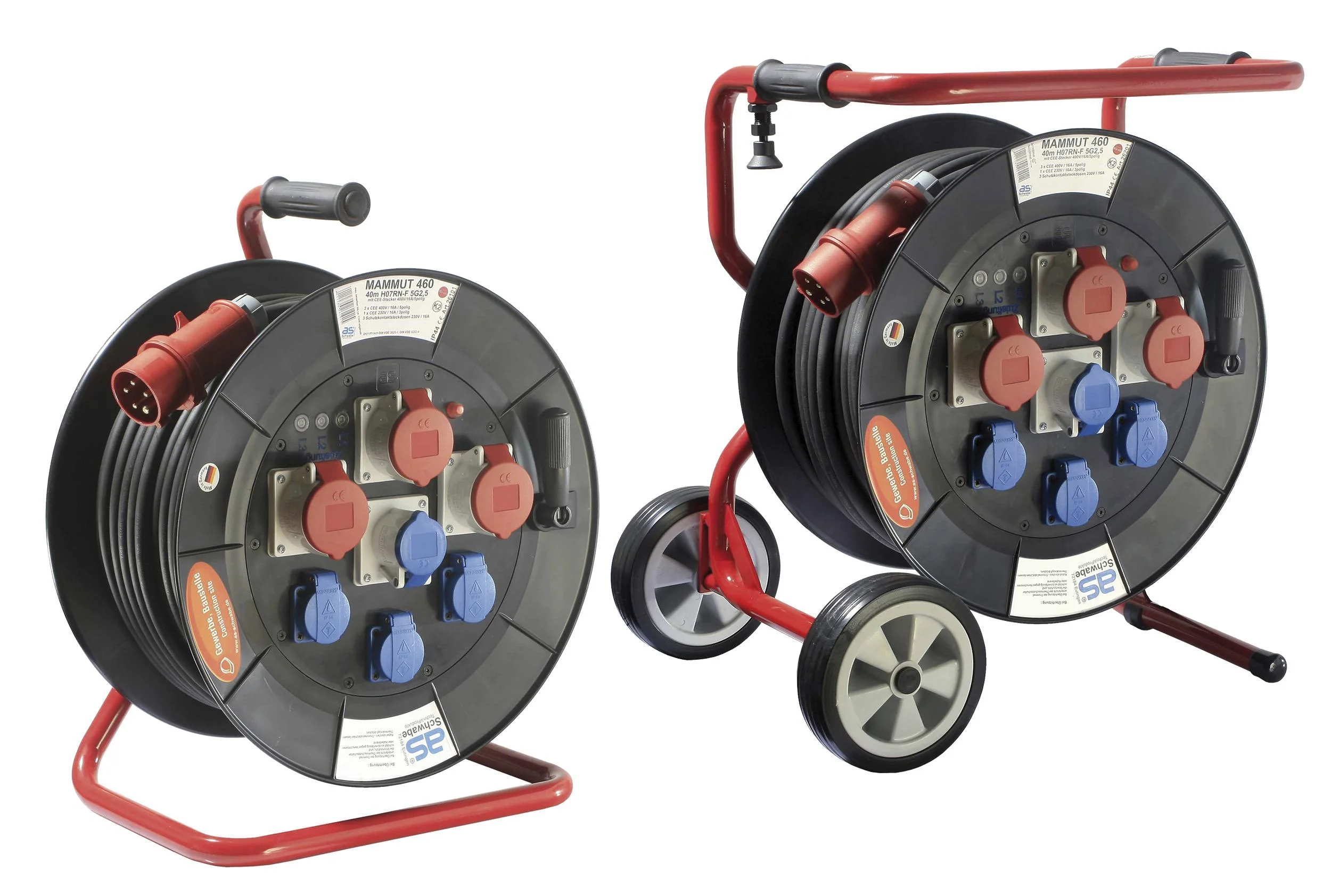Profi-Trommel Mammut 460 Version 2, 40m, 3 Steckdosen 230V, 3+1-CEE Steckdosen, mit Trage- und Fußgestell