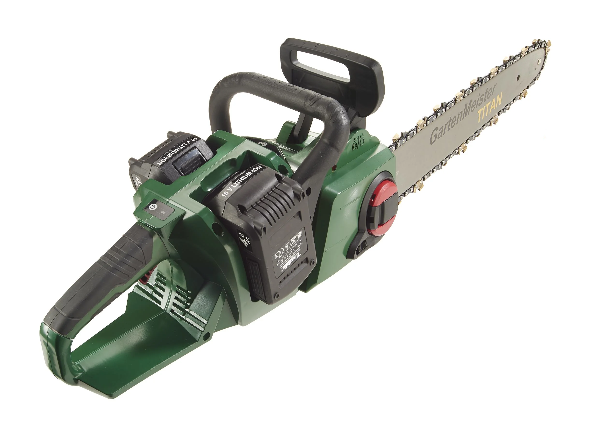 Set Akku-Kettensäge + 2 x Akku 2 Ah + Doppelschnell-Lader.