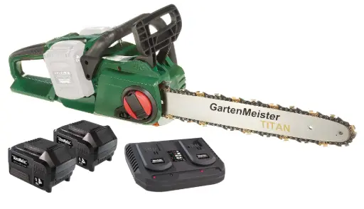 "Set Akku-Kettensäge + 2 x 4 Ah Akkus + Doppelschnellladegerät image"