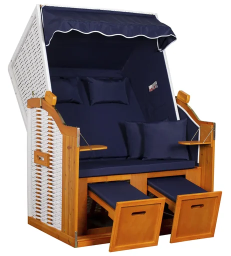 "Strandkorb "Ostsee" Uni-Blau Massivholzgestell / wetterfestes Kunstrattan (weiss) image"