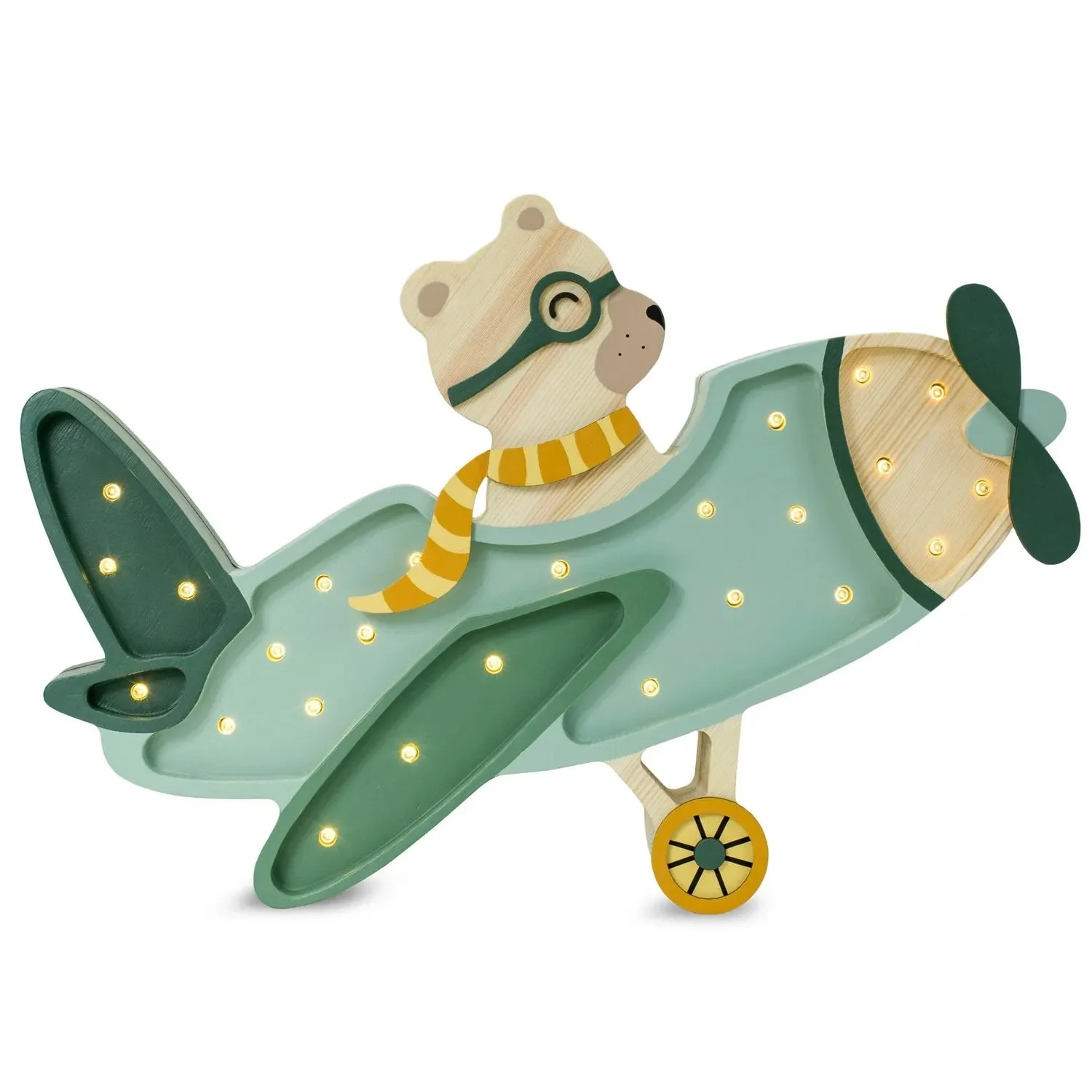 "Little Lights Nachtlicht Kinder, Nachtlampe Vintage-Flugzeug - 100% Kiefernholz natur, Farbe: Khaki pastellfarbener Bär image"