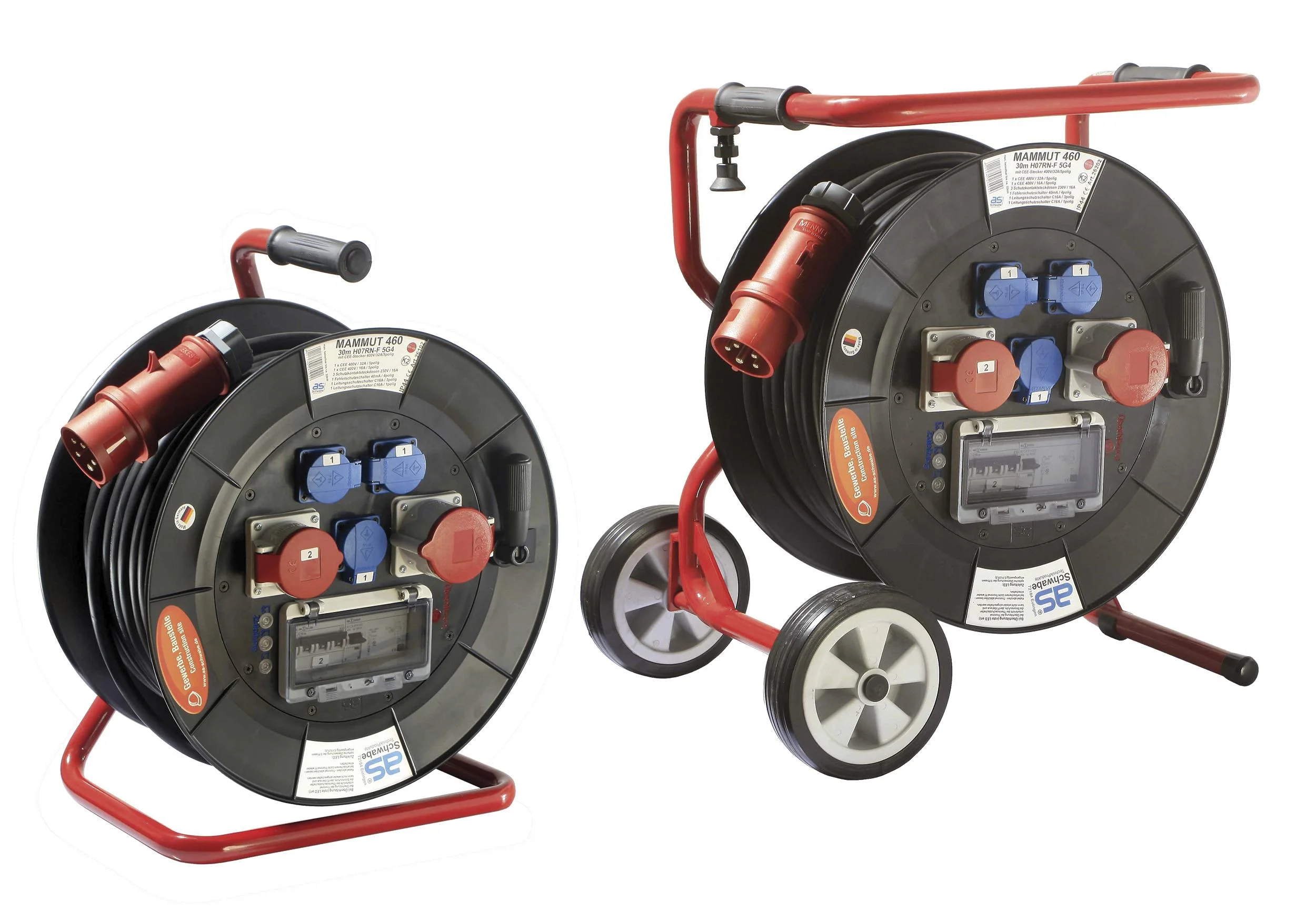 Profi-Trommel Mammut 460 Version 3, 30m, 3 Steckdosen 230V, 1+1-CEE Steckdosen, mit Trage- und Fußgestell