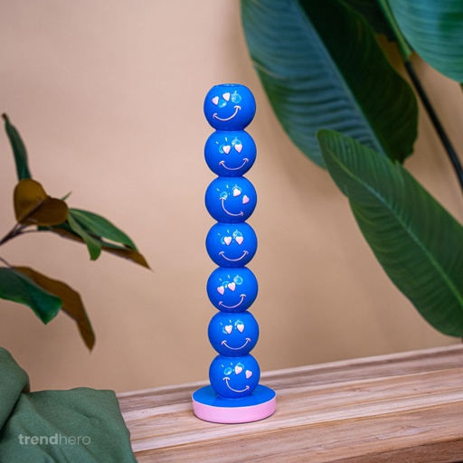 "Kandelaar Smiley Blauw Ballen 9x9x36cm - Kaarsenhouder image"