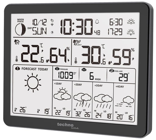 "WD3000 WLAN Wetterstation mit App (Tuya Smart) – 4-Tage-Vorhersage, Außensensor, Temperatur, Luftfeuchtigkeit, Luftdruck, UV-Index & Mondphase image"