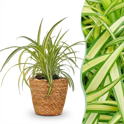 "Zimmerpflanze - Chlorophytum comosum Variegatum - Bunte Graslilie - Haustierfreundliche Pflanze - Grün - 1 Pflanze - mit Korb - Topf 12cm - Höhe 20cm image"