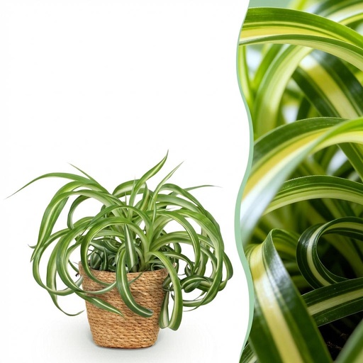 "Zimmerpflanze - Chlorophytum comosum Bonnie - Lockige Graslilie - Haustierfreundliche Pflanze - Grün - 1 Pflanze - mit Korb - Topf 12cm - Höhe 20cm image"
