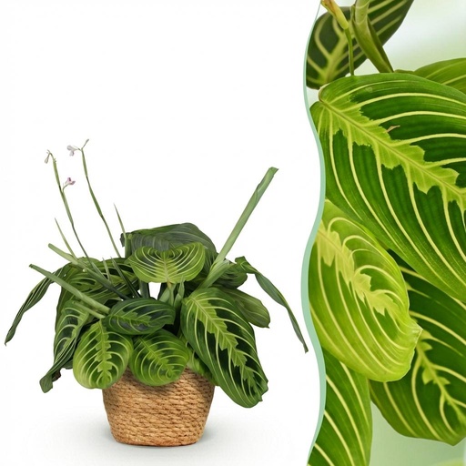 "Zimmerpflanze - Maranta Fascinator Lemon Lime - Gebetspflanze - Haustierfreundliche Pflanze - Grün - 1 Pflanze - mit Korb - Topf 12cm - Höhe 25cm image"