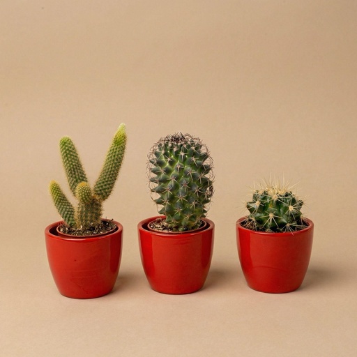 "Kakteen Set 3er mit rotem Mini-Topf – Gemischte lebende Kakteen – ↑ 8–12 cm image"