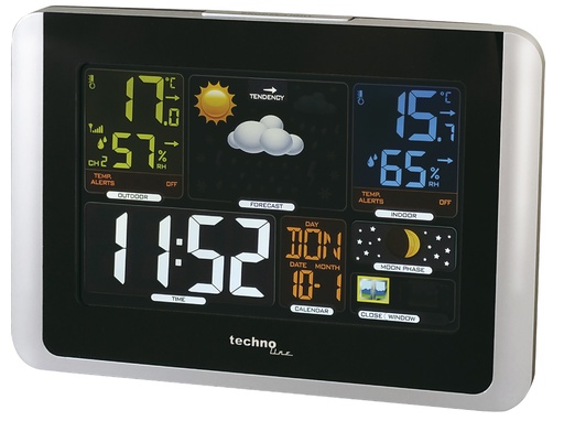 "WS6442 Funk-Wetterstation mit Farbdisplay & Außensensor – Innen-/Außentemperatur, Luftfeuchtigkeit, Wettervorhersage, Funkuhr, Mondphase, Wecker, Temperaturalarm, schwarz/silber image"
