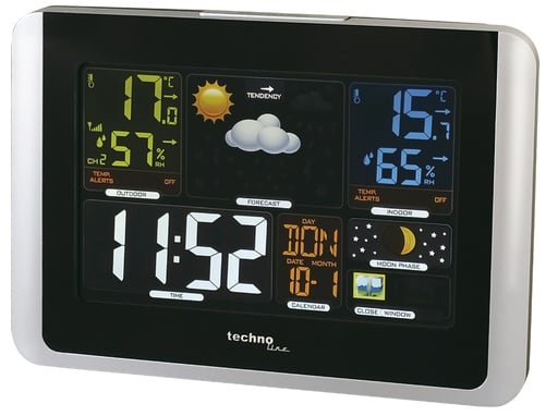 "WS6442 Funk-Wetterstation mit Farbdisplay & Außensensor – Innen-/Außentemperatur, Luftfeuchtigkeit, Wettervorhersage, Funkuhr, Mondphase, Wecker, Temperaturalarm, schwarz/silber image"