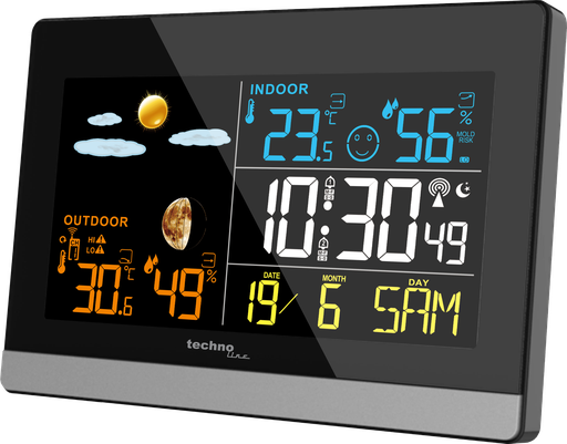 "WS6455 Wetterstation mit Außensensor, DCF-77 Funkuhr, Wettervorhersage, Innen- & Außentemperatur, Luftfeuchtigkeit, Mondphase, MIN/MAX, Frostalarm, 2 Wecker, farbiges LCD image"