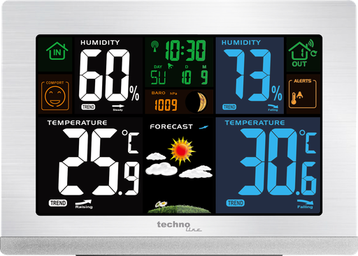 "WS6462 Funkwetterstation mit Außensensor, Farbdisplay, DCF-Funkuhr, Wettervorhersage, Innen- & Außentemperatur, Luftfeuchtigkeit, Luftdruck, Mondphase, Wecker, silber image"