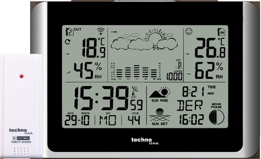 "WS6767 Funk-Wetterstation mit Außensensor mit DCF77 Funkuhr, Wettervorhersage, Luftdruck-Historie, Innen-/Außentemperatur & Luftfeuchtigkeit, Mondphase, Sonnenauf- und Sonnenuntergang, Frostalarm image"
