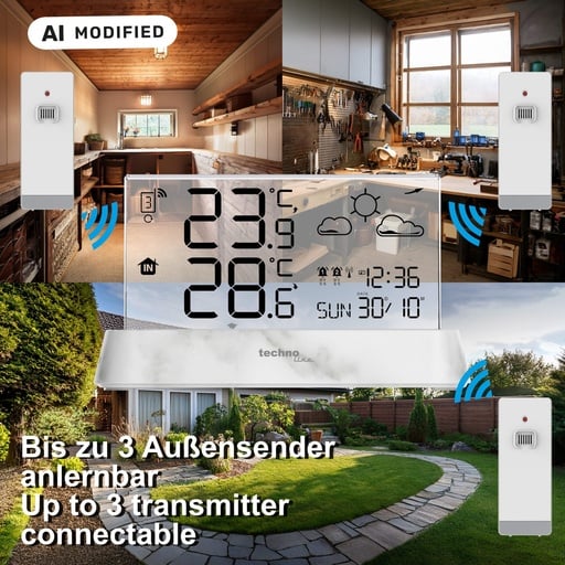 "WS6782 – Die elegante Funk-Wetterstation mit transparentem Display, Innentemperatur und Außentemperatur, sowie und präziser Wettervorhersage Uhrzeit image"
