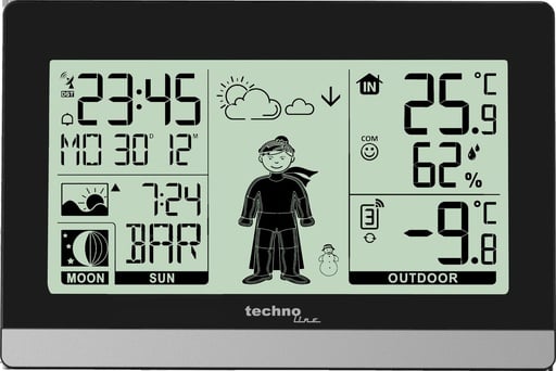 "WS9612 Wetterstation Funk mit Außensensor, Funkuhr DCF, Innen Außentemperatur, Luftfeuchtigkeit, Wettervorhersage, Sonnenaufgang und Sonnenuntergang, Mondphase, schwarz image"