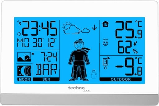 "WS9612 Wetterstation Funk mit Außensensor, Funkuhr DCF, Innen Außentemperatur, Luftfeuchtigkeit, Wettervorhersage, Sonnenaufgang und Sonnenuntergang, Mondphase, weiß image"