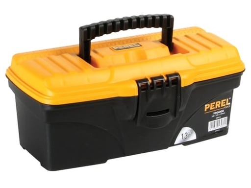 "Werkzeugkasten 7,1 Liter, kompakte Aufbewahrungsbox für Werkzeug mit herausnehmbarer Schale, Kunststoffverschluss, klappbarer Griff, schwarz orange 32 x 16,5 image"