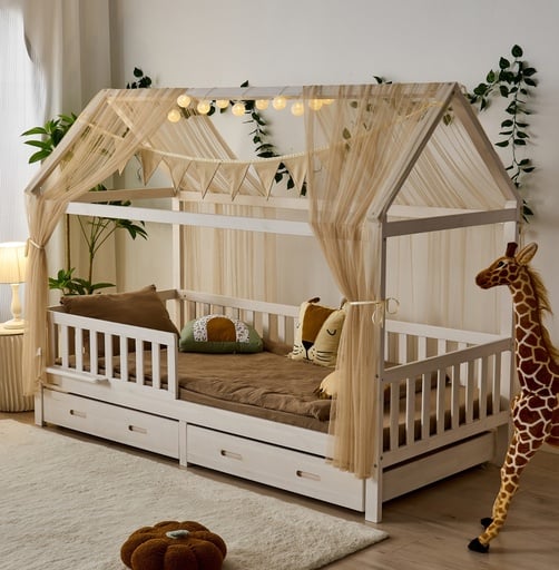 "Alavya Home Hausbett CLOUD 90 x 200 cm Komplett-Set – Polyester Dekoset Beige + Schublade 90 x 200 cm + Kindermatratze COZY 90 x 200 cm (Kaltschaum) image"