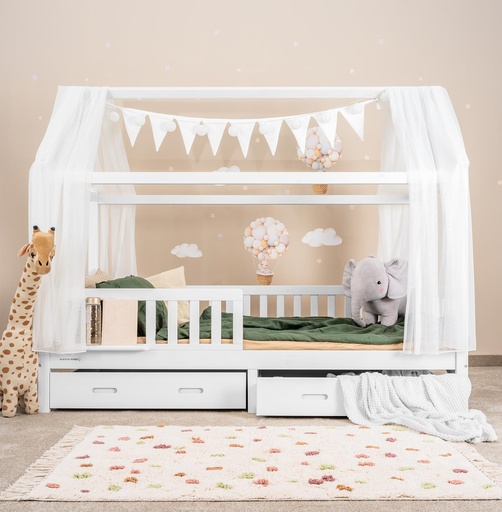 "Alavya Home Hausbett CLOUD 90 x 200 cm Komplett-Set – Musselin Dekoset Weiß + Schublade 90 x 200 cm + Kindermatratze COZY 90 x 200 cm (Kaltschaum) image"