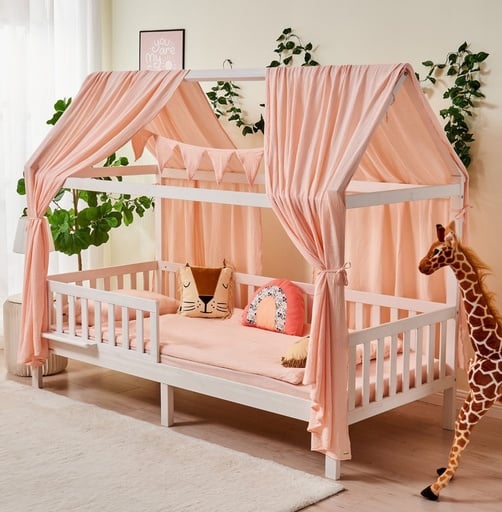 "Alavya Home Hausbett CLOUD 90 x 200 cm Komplett-Set – Musselin Dekoset Rosa + Kindermatratze COZY 90 x 200 cm (Kaltschaum) image"