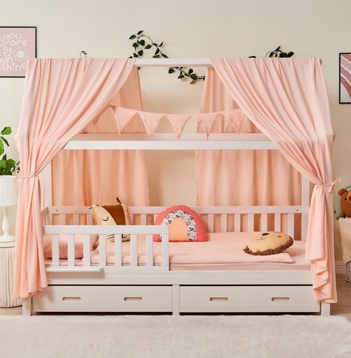 "Alavya Home Hausbett CLOUD 90 x 200 cm Komplett-Set – Musselin Dekoset Rosa + Schublade 90 x 200 cm + Kindermatratze COZY 90 x 200 cm (Kaltschaum) image"