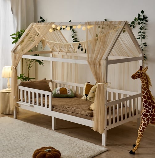 "Alavya Home Hausbett CLOUD 90 x 200 cm Komplett-Set – Polyester Dekoset Beige + Kindermatratze COZY 90 x 200 cm (Kaltschaum) image"
