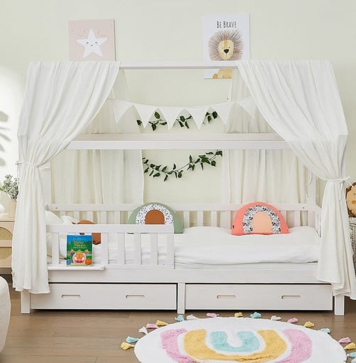 "Alavya Home Hausbett CLOUD 90 x 200 cm Komplett-Set – Musselin Dekoset Weiß + Schublade 90 x 200 cm + Kindermatratze COZY 90 x 200 cm (Kaltschaum) image"