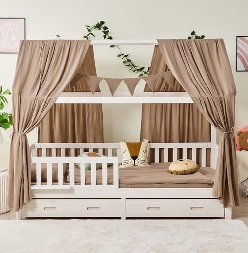 "Alavya Home Hausbett CLOUD 90 x 200 cm Komplett-Set – Musselin Dekoset Braun + Schublade 90 x 200 cm + Kindermatratze COZY 90 x 200 cm (Kaltschaum) image"