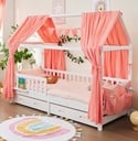 Alavya Home Ergänzungsset für Hausbett CLOUD 80x160 cm – Musselin-Dekoset Rosa + Schublade Buche (ohne Bett)