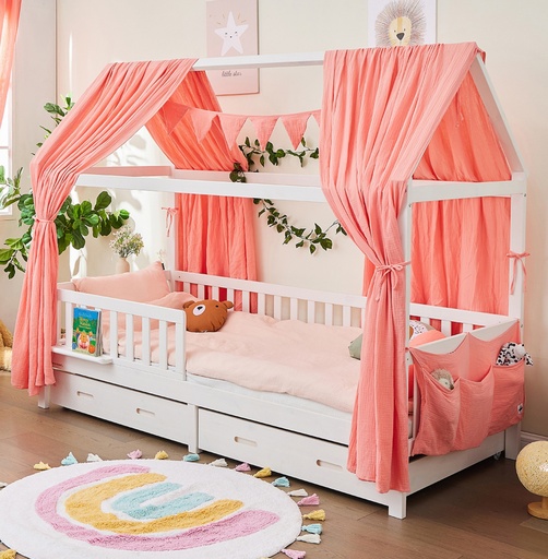 "Alavya Home Ergänzungsset für Hausbett CLOUD 80x160 cm – Musselin-Dekoset Rosa + Schublade Buche (ohne Bett) image"