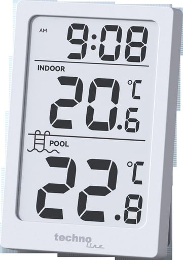 "WS9079 Poolthermometer Funk mit Basisstation – Digitales Wasserthermometer für Pool & Whirlpool, kabelloser Poolsensor bis 30 m, Innen- & Wassertemperatur, MAX/MIN, °C/°F, Uhr image"