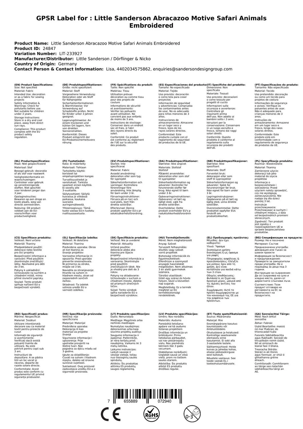 "Little Sanderson Abracazoo Motivstoff Safari Tiere bestickt image"