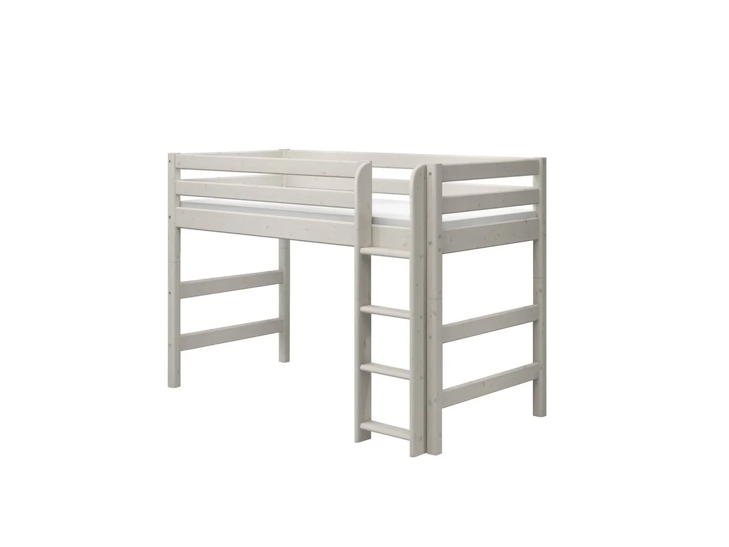 FLEXA Etagenbett, Hochbett, Mittelhohes Bett mit gerader Leiter - Massivholz Kiefer, 90x200 cm, Platzsparende Lösung, Farbe: Weiß gewaschene Kiefer