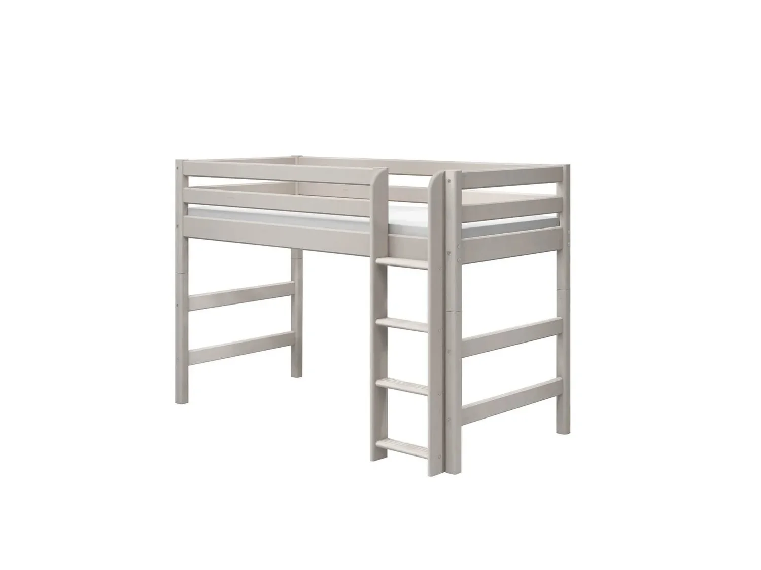 FLEXA Etagenbett, Hochbett, Mittelhohes Bett mit gerader Leiter - Massivholz Kiefer, 90x200 cm, Platzsparende Lösung, Farbe: Grau gewaschene Kiefer