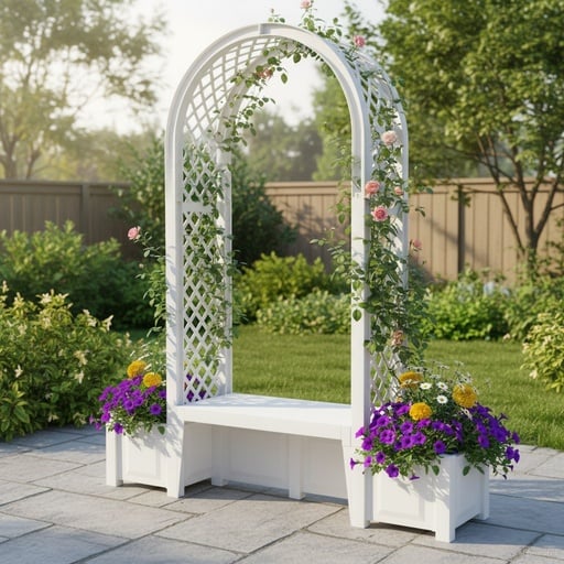 "Gartenbank „Brüssel“ mit Pflanzkästen und Rosenbogen, weiß image"