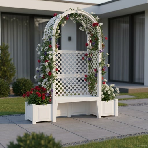 "Gartenbank „Amsterdam“ mit Pflanzkästen, Rosenbogen und Spalier, weiß image"