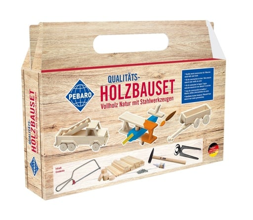 "Holzbauset mit Werkzeug im Tragegriff-Karton, Vollholz Natur, Hammer, Säge, Zange, Holzleim und 90 Nägel image"