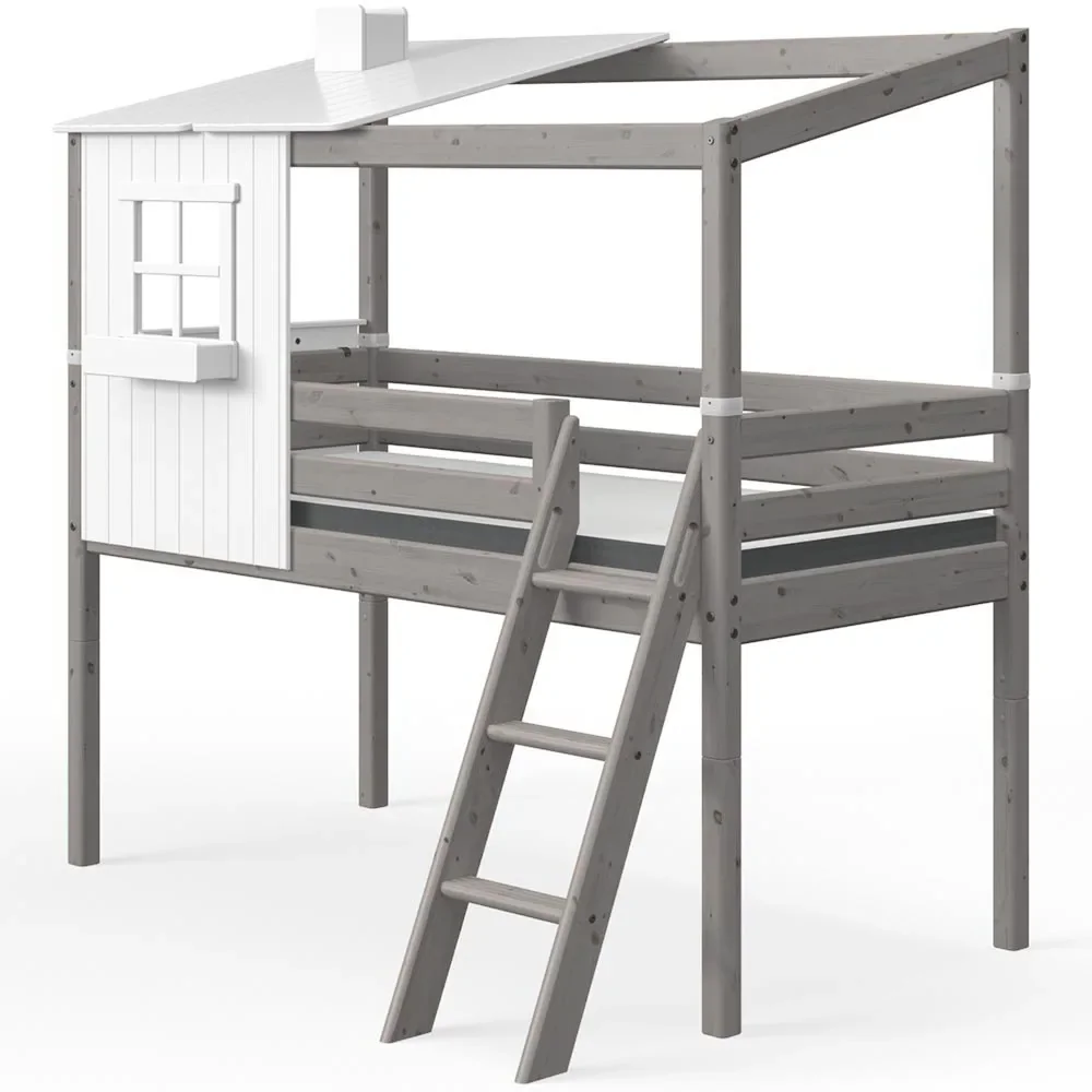 "Flexa halbhohes Bett Haus mit halbem Dach weiss grau image"