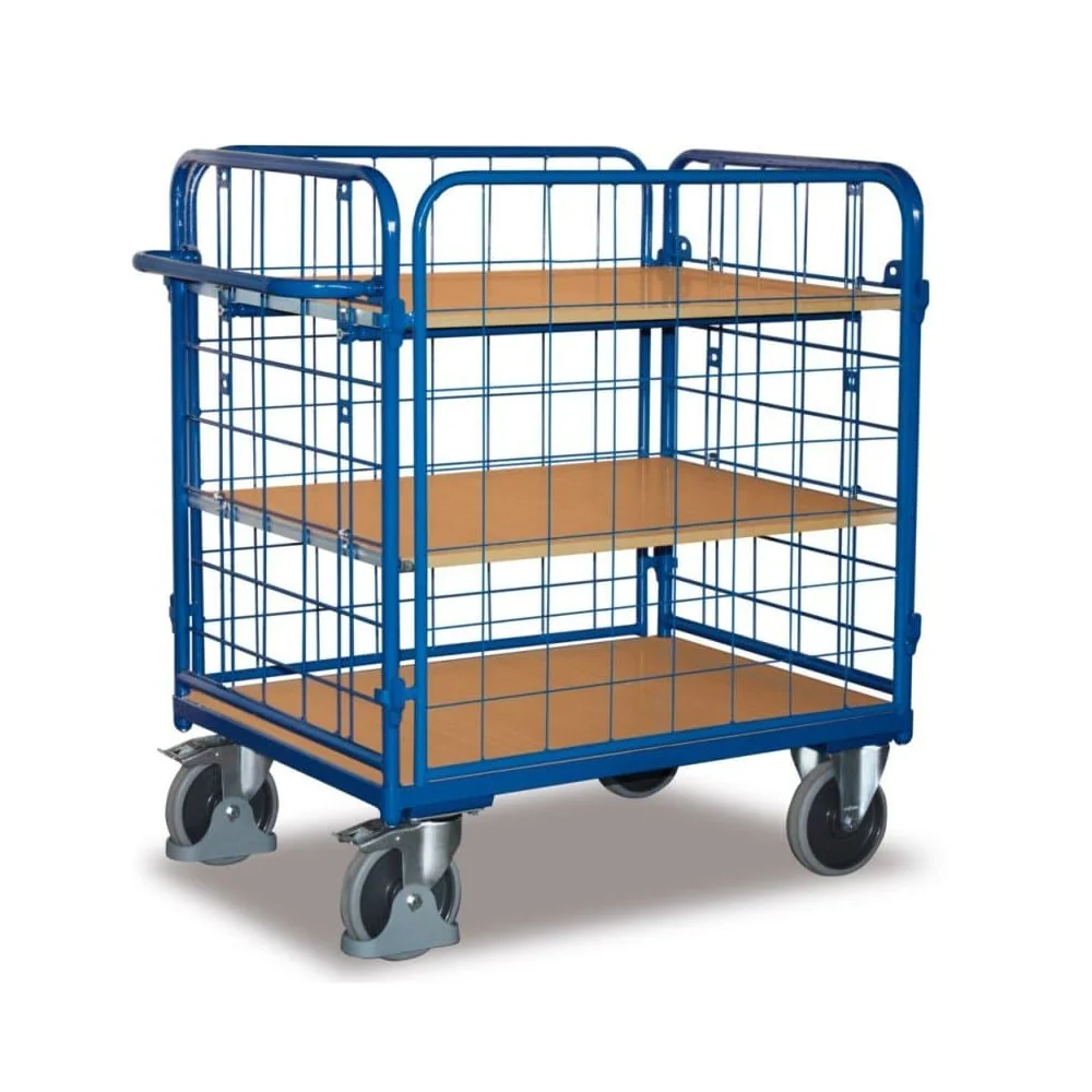 VARIOfit Vierwandwagen Niedrig – 1200x800mm, 500kg Tragkraft, RAL5010 Enzianblau, Gitterwände & Rollen