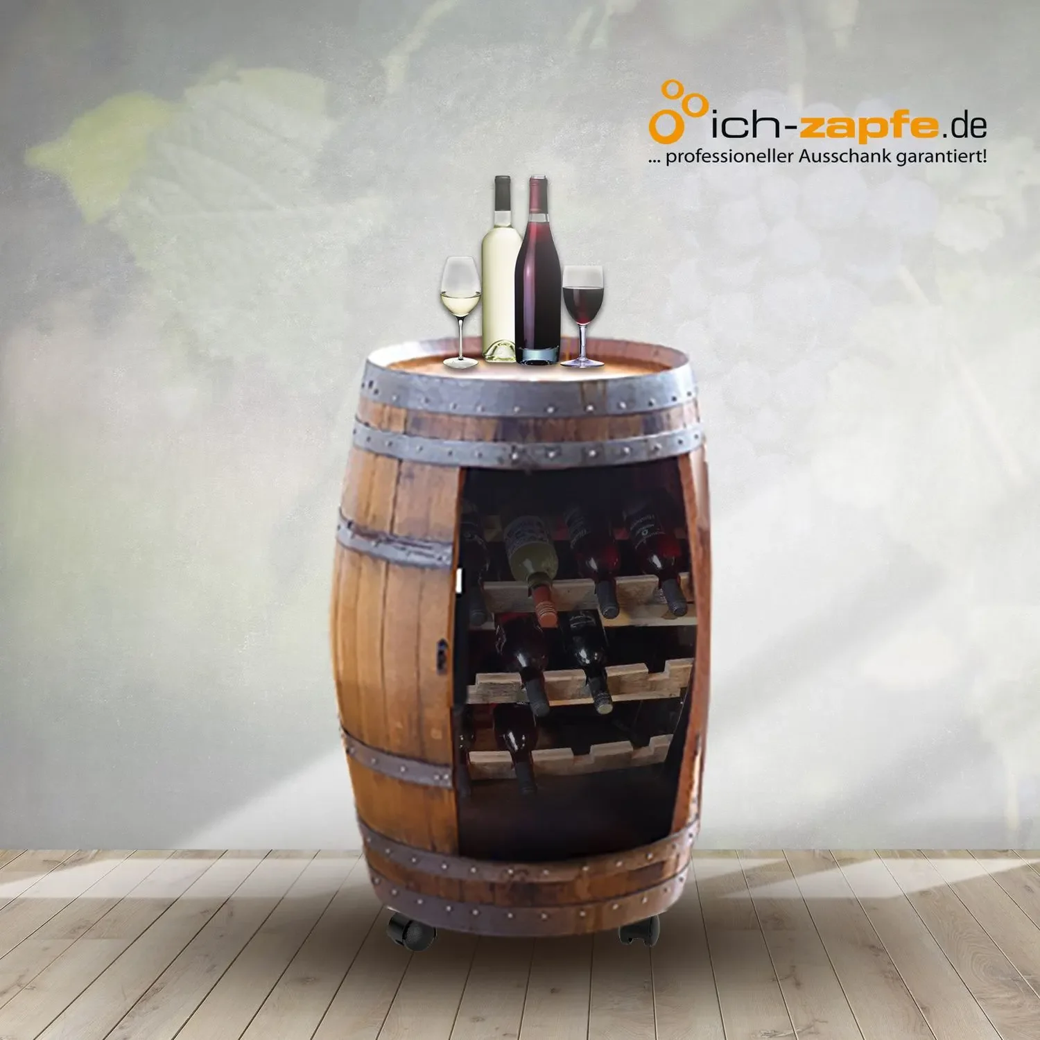 "Barschrank, Weinfass bar, Barrel bar - Handgefertigter, für 12 Weinflaschen, aus Barrique-Weinfass 225 Liter image"