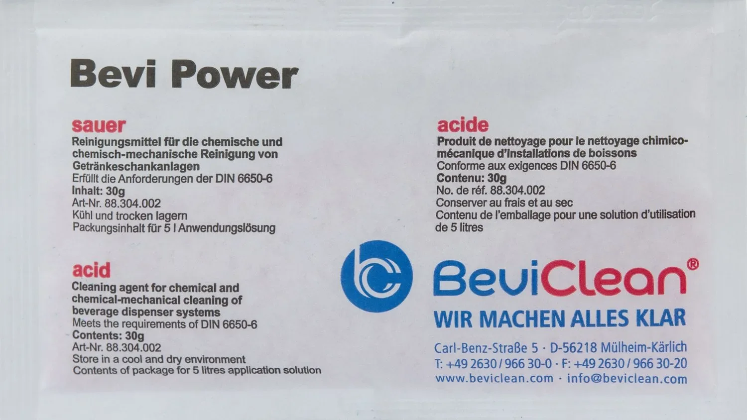 "Reinigungspulver für Schankanlagen, Chemischen Leitungsreinigung - BEVI POWER SAUER, 30g image"