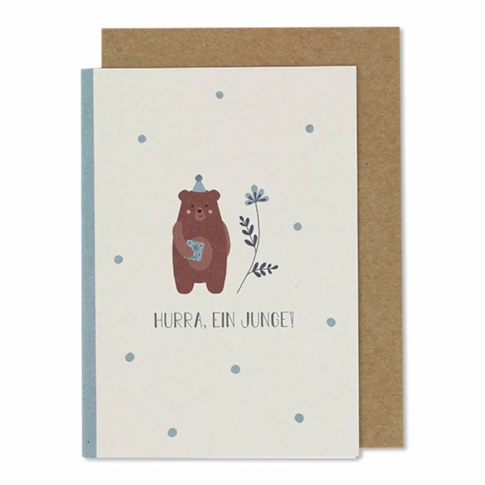 Ava & Yves Klappkarte Geburt Bärchen "Hurra ein Junge" blau
