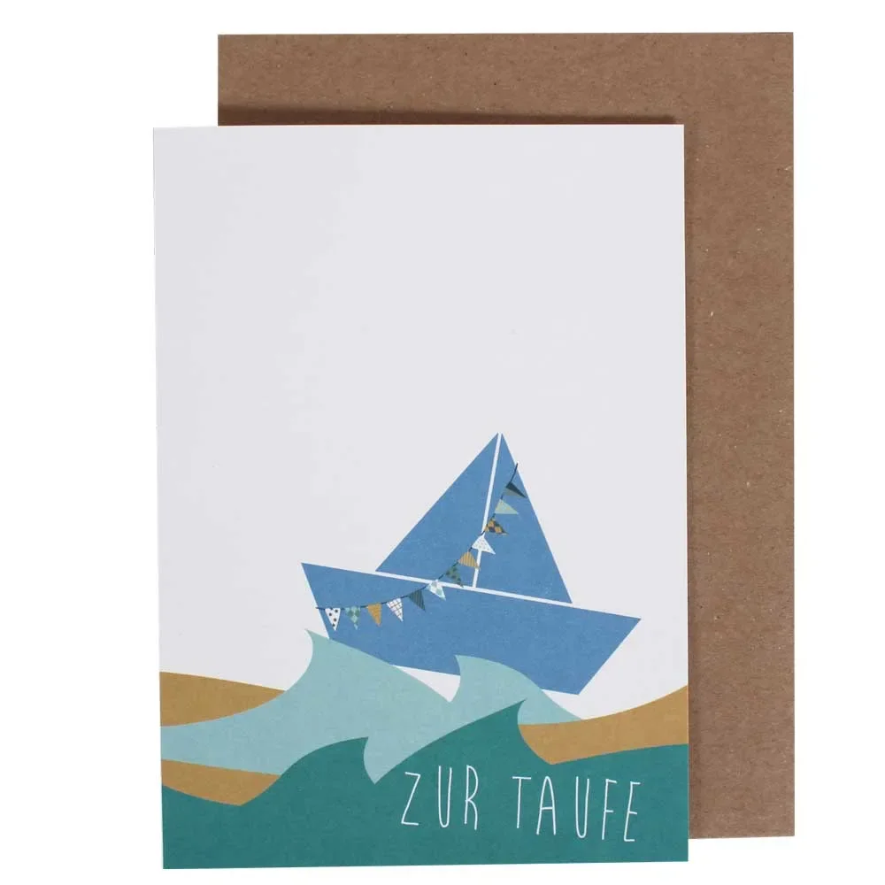 "Ava & Yves Glückwunsch Karte zur Taufe Schiffchen blau image"