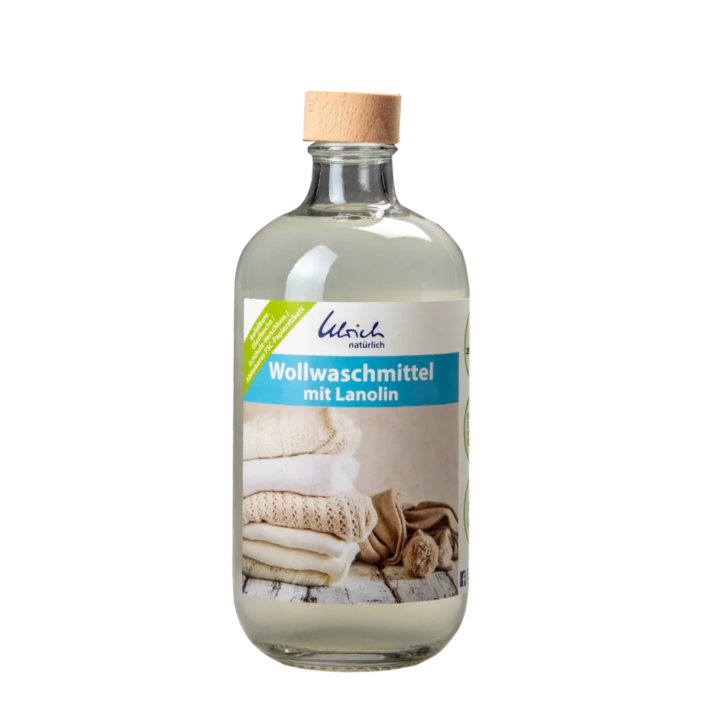ULRICH natürlich Wollwaschmittel mit Lanolin 500 ml in der Glasflasche mit Echtholz-Verschluss