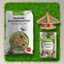 Wildvogelfutter Komplett-Set: Meisenknödel mit Insekten 100 Stk. à ca. 90g netzlos, hängendes Futterhaus aus Kiefernholz 42x24cm, Wildvogelfutter schalenfrei 20kg