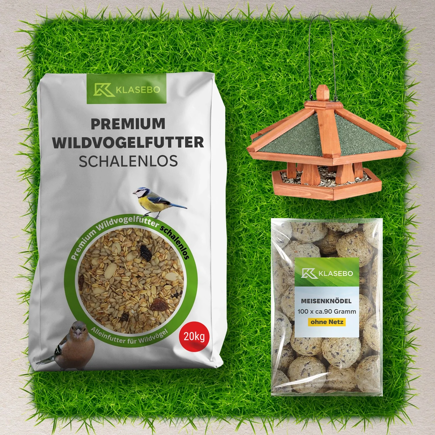 "Wildvogelfutter Komplett-Set: Meisenknödel mit Insekten 100 Stk. à ca. 90g netzlos, hängendes Futterhaus aus Kiefernholz 42x24cm, Wildvogelfutter schalenfrei 20kg image"